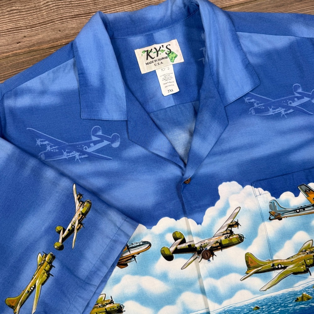 KY'S Mens Size 2XL Hawaiian Shirt Blue WWII Bomber Airplane Cotton Short Sleeve